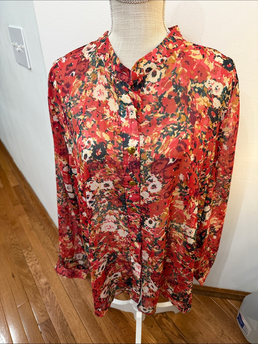 Women's Red Floral sheer Button-Front Blouse